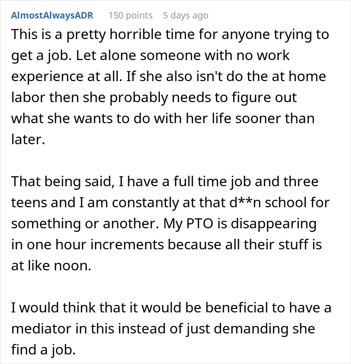 Comment discussing challenges of finding a job as a stay-at-home mom with teens and no household chores. Comment discussing challenges of finding a job as a stay-at-home mom with teens and no household chores.