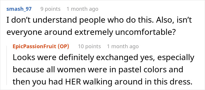 Screenshot of online comments discussing a groom's brother's girlfriend wearing a sage green dress mistaken for a white wedding dress. Screenshot of online comments discussing a groom's brother's girlfriend wearing a sage green dress mistaken for a white wedding dress.