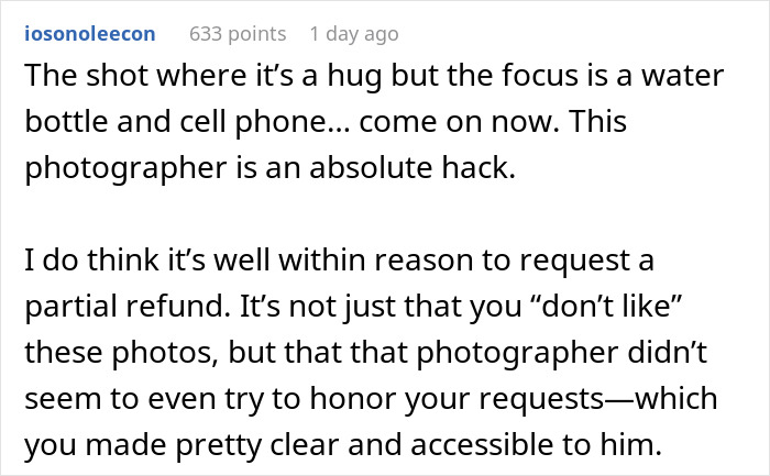 Screenshot of a Reddit comment criticizing a $3K wedding photographer for poor focus and service. Screenshot of a Reddit comment criticizing a $3K wedding photographer for poor focus and service.