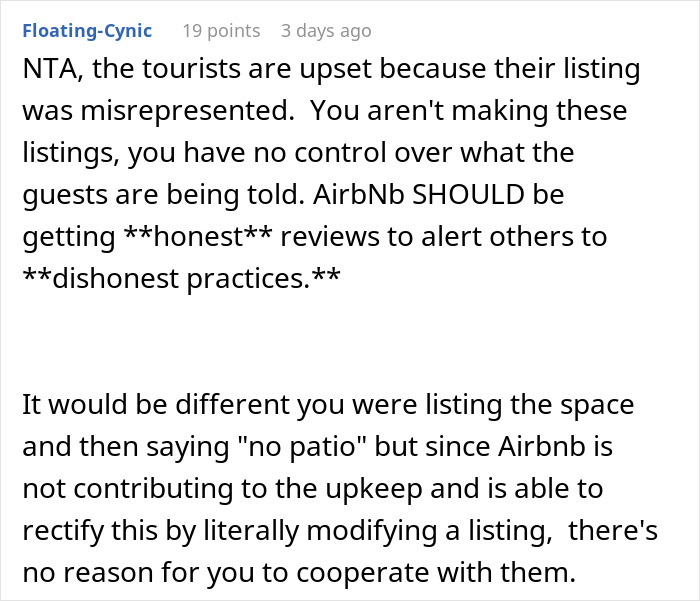 Comment discussing Airbnb host upstairs accusing neighbor of discrimination for refusing tourists patio access. Comment discussing Airbnb host upstairs accusing neighbor of discrimination for refusing tourists patio access.