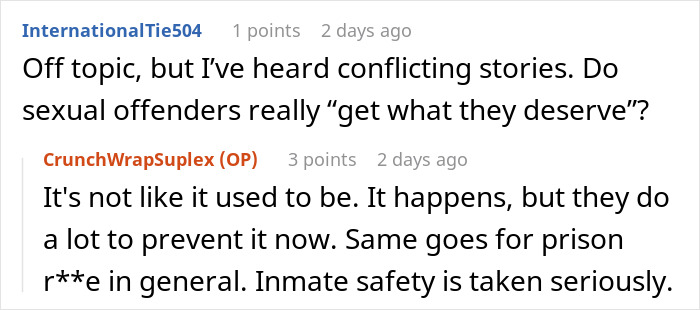 Reddit user discussing prison officer insights on inmate safety and doubts about Epstein’s death narrative in a comment thread.