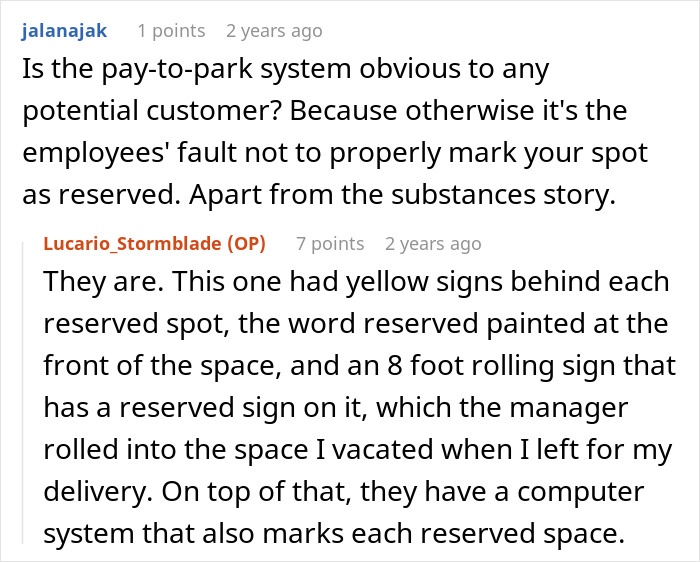 Reddit conversation discussing pay-to-park system and reserved spots related to illegal parking and workplace issues. Reddit conversation discussing pay-to-park system and reserved spots related to illegal parking and workplace issues.