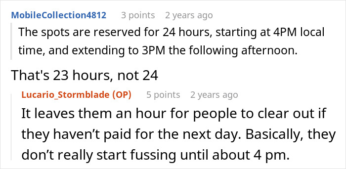 Screenshot of a Reddit conversation discussing parking spot reservations and clearing times related to work truck use. Screenshot of a Reddit conversation discussing parking spot reservations and clearing times related to work truck use.