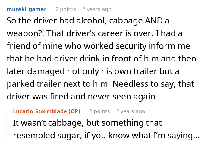 Alt text: Screenshot of a discussion about a guy parking illegally and drinking in a work truck, leading to his firing and unemployment. Alt text: Screenshot of a discussion about a guy parking illegally and drinking in a work truck, leading to his firing and unemployment.