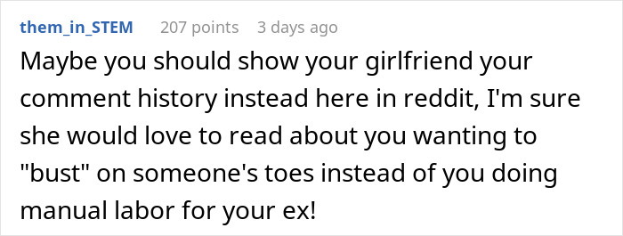 Reddit comment where a user criticizes a boyfriend for agreeing to mow his ex’s lawn, sparking online complaints. Reddit comment where a user criticizes a boyfriend for agreeing to mow his ex’s lawn, sparking online complaints.