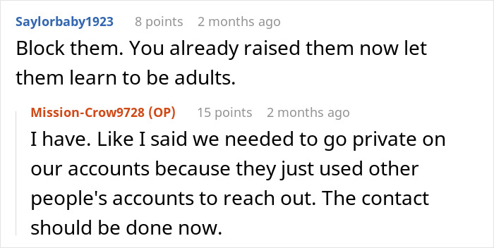 Text conversation about setting boundaries in relationships involving siblings and mom, discussing blocking and privacy on accounts.