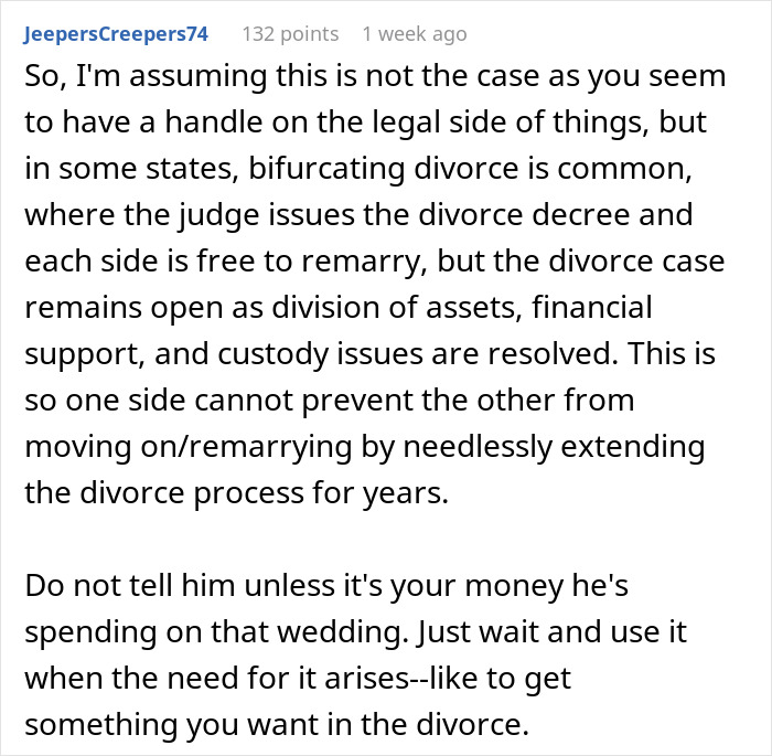 Comment explaining the legal difference between separation and divorce, advising caution in discussing with husband. Comment explaining the legal difference between separation and divorce, advising caution in discussing with husband.