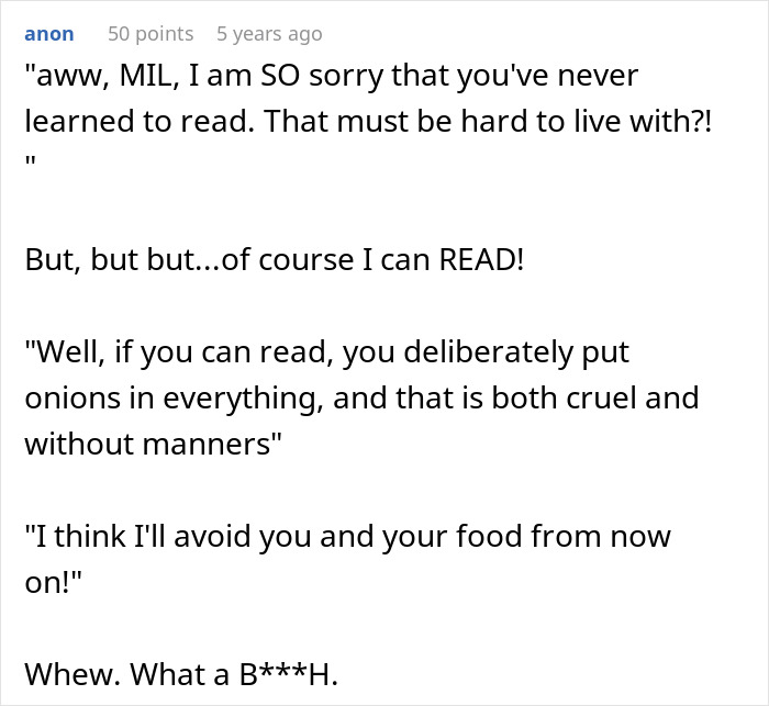 Text conversation about a MIL-try poison woman deliberately putting onions in food, sparking conflict.