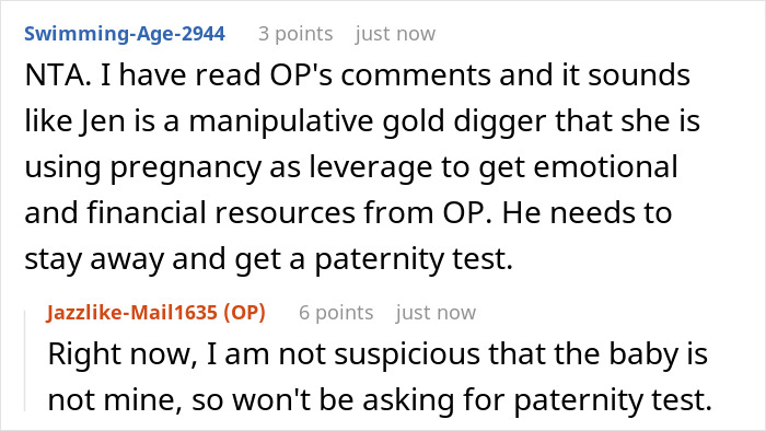 Screenshot of a Reddit discussion about a man giving his pregnant girlfriend an ultimatum over insecurities and relationship trust issues. Screenshot of a Reddit discussion about a man giving his pregnant girlfriend an ultimatum over insecurities and relationship trust issues.