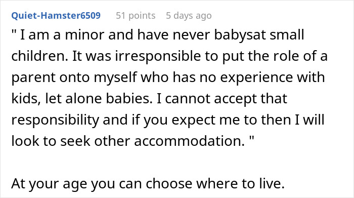 Screenshot of a Reddit comment where a teen refuses babysitting responsibilities demanded by their dad. Screenshot of a Reddit comment where a teen refuses babysitting responsibilities demanded by their dad.