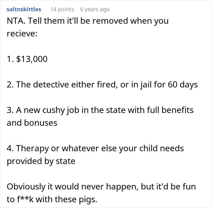 Comment discussing demands for detective's firing or jail time related to wrongful jailing and website calling out detective. Comment discussing demands for detective's firing or jail time related to wrongful jailing and website calling out detective.