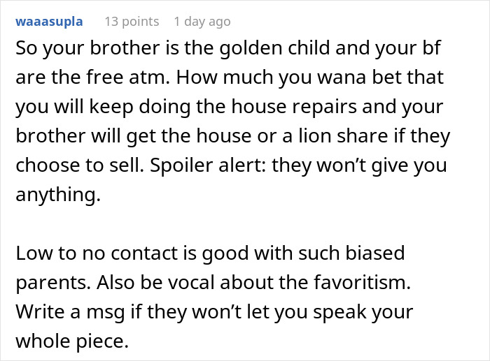 Comment discussing biased parents forcing children to pay expensive rent and dealing with favoritism in family dynamics. Comment discussing biased parents forcing children to pay expensive rent and dealing with favoritism in family dynamics.