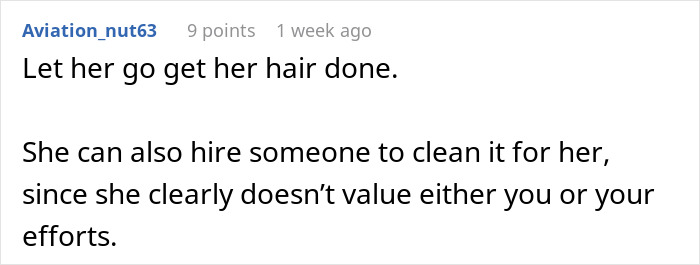 Commenter responding to MIL skipping sewage disaster at home for salon appointment, advising to let her get hair done. Commenter responding to MIL skipping sewage disaster at home for salon appointment, advising to let her get hair done.