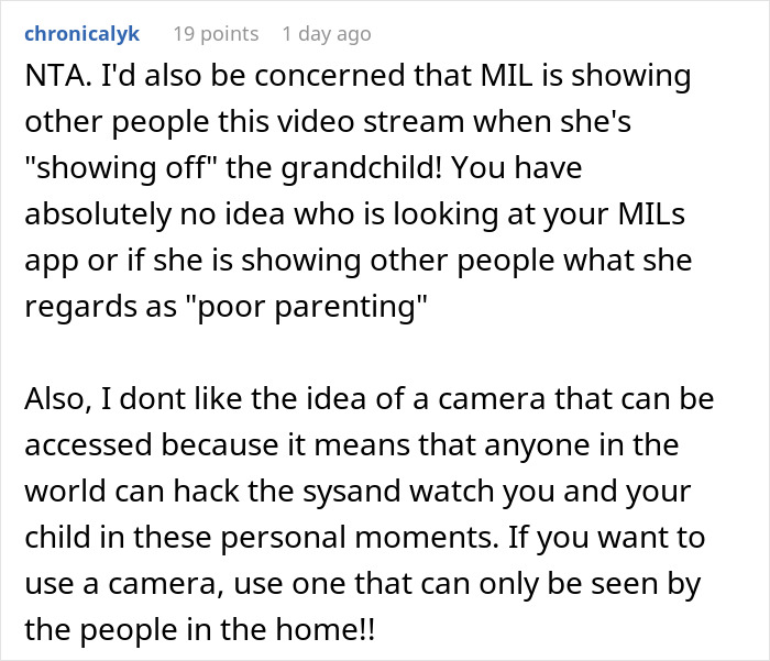 Comment discussing concerns about MIL spying via baby cam and the importance of restricting camera access for privacy. Comment discussing concerns about MIL spying via baby cam and the importance of restricting camera access for privacy.