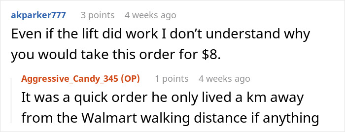 Screenshot of a forum discussion about an Instacart shopper asked to carry water up 17 floors and the low payment offered. Screenshot of a forum discussion about an Instacart shopper asked to carry water up 17 floors and the low payment offered.