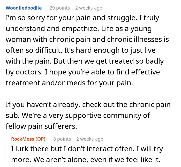 Text conversation about a woman’s chronic pain being dismissed by doctors until her husband supports her claims. Text conversation about a woman’s chronic pain being dismissed by doctors until her husband supports her claims.