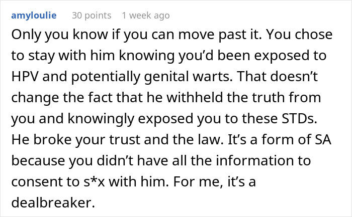 Comment discussing betrayal and exposure to HPV and STDs in a relationship, highlighting trust and consent issues. Comment discussing betrayal and exposure to HPV and STDs in a relationship, highlighting trust and consent issues.