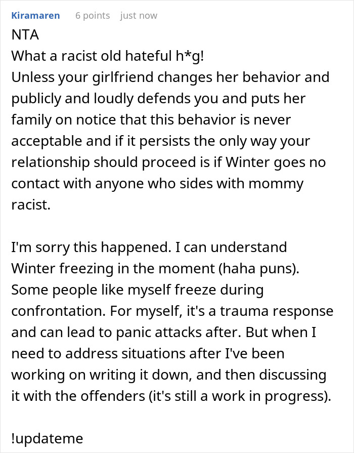 Screenshot of a comment discussing racist behavior by a mom during a tense family dinner involving Black parents. Screenshot of a comment discussing racist behavior by a mom during a tense family dinner involving Black parents.