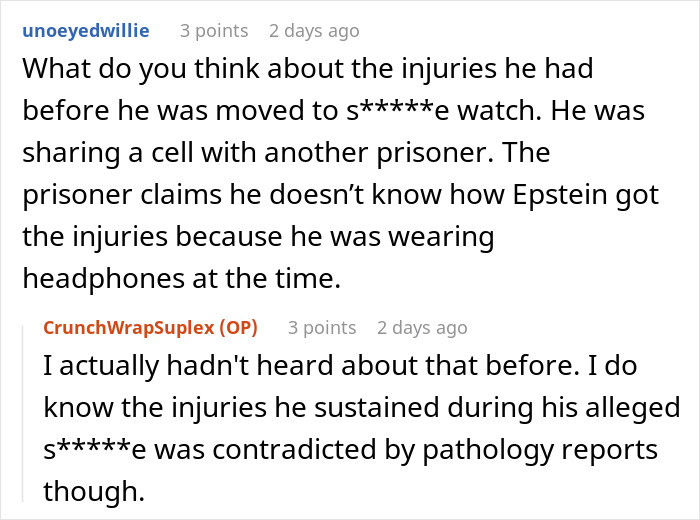 Reddit discussion about Epstein’s injuries and skepticism from a prison officer's perspective on his death details.