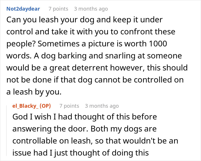 Comments discussing controlling dogs on leashes as deterrents when confronting people in tense situations. Comments discussing controlling dogs on leashes as deterrents when confronting people in tense situations.