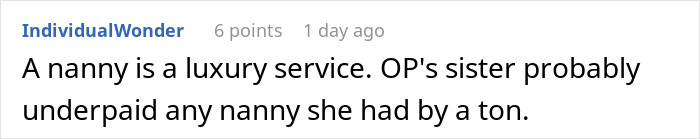 Comment text discussing how a nanny is a luxury service and likely underpaid, related to babysitters and wages. Comment text discussing how a nanny is a luxury service and likely underpaid, related to babysitters and wages.