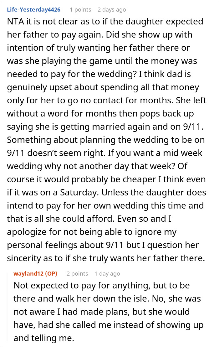 Commenters discuss a man spending 22,500 on daughter’s failed wedding and skipping real one to hang out with pals. Commenters discuss a man spending 22,500 on daughter’s failed wedding and skipping real one to hang out with pals.