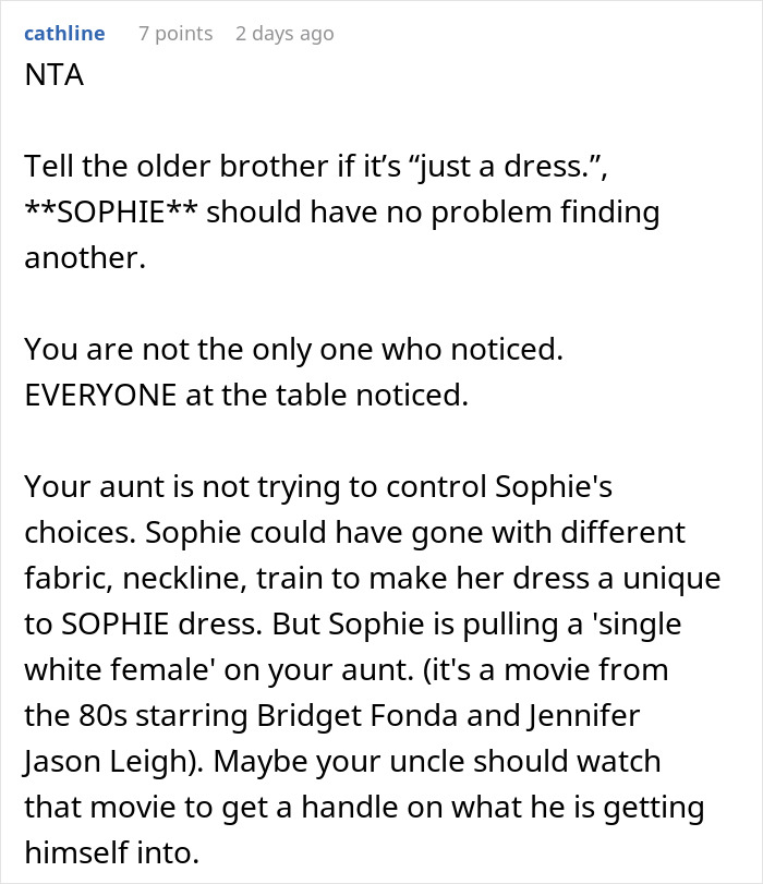 Text conversation about woman confronting brother’s fiancée for copying her wedding dress, discussing dress uniqueness and opinions. Text conversation about woman confronting brother’s fiancée for copying her wedding dress, discussing dress uniqueness and opinions.