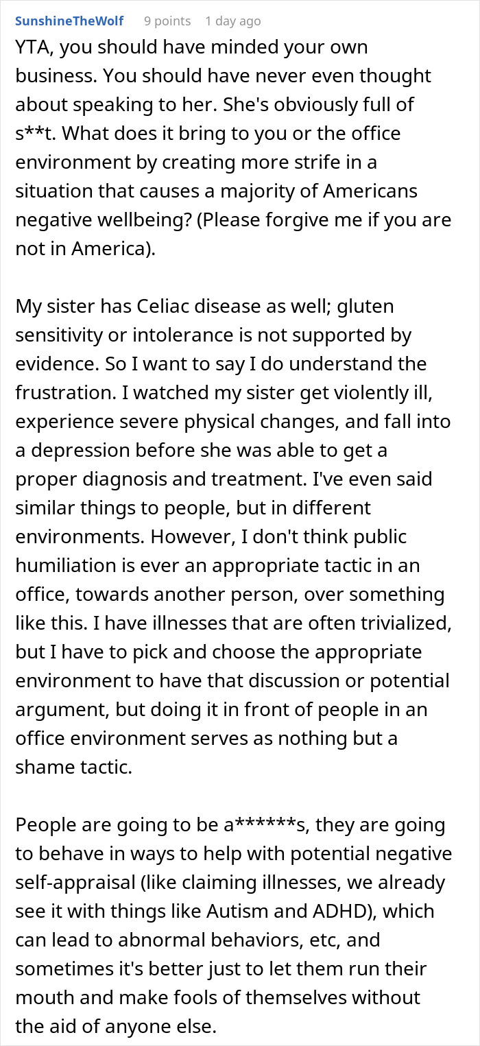 Alt text: Screenshot of a Reddit comment discussing gluten sensitivity and workplace behavior in a tense office pizza party setting.