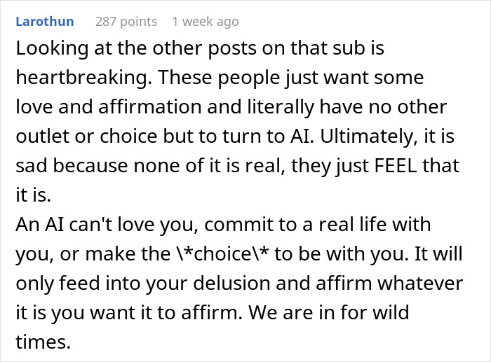 Reddit comment discussing heartbreak and delusion about love and commitment to an AI boyfriend proposal. Reddit comment discussing heartbreak and delusion about love and commitment to an AI boyfriend proposal.