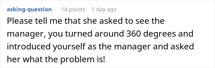 Comment text on a social media post about a woman cutting in front of an elderly man at a grocery store and cashier's response. Comment text on a social media post about a woman cutting in front of an elderly man at a grocery store and cashier's response.