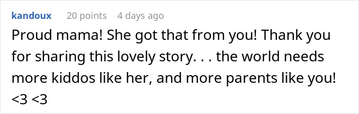 Comment expressing pride in a girl who faced bullying over a party seat and responded with kindness. Comment expressing pride in a girl who faced bullying over a party seat and responded with kindness.
