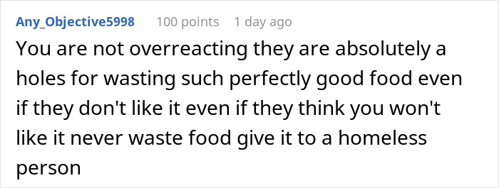 Comment about not overreacting after woman throws away dinner, expressing frustration in an online discussion thread.