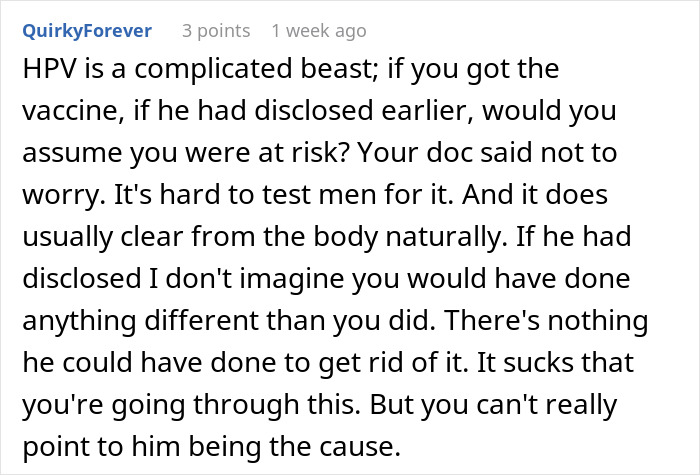 Comment discussing HPV risks and challenges in relationships where one partner has cancer caused by past HPV infection. Comment discussing HPV risks and challenges in relationships where one partner has cancer caused by past HPV infection.