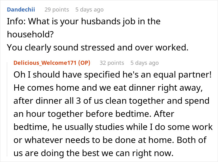 Comment exchange about working mom’s equal partnership and managing household duties showing work stress and family balance. Comment exchange about working mom’s equal partnership and managing household duties showing work stress and family balance.