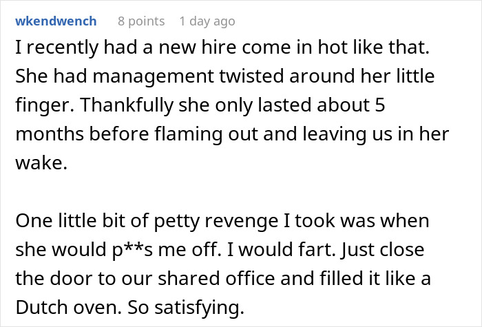 Alt text: Online forum post describing a toxic newbie causing workplace issues, conflict, and office revenge stories. Alt text: Online forum post describing a toxic newbie causing workplace issues, conflict, and office revenge stories.