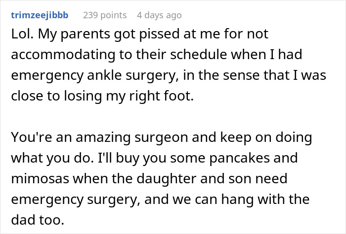 Reddit user shares story of woman prioritizing brunch date over dad’s surgery, telling surgeon he should wait instead. Reddit user shares story of woman prioritizing brunch date over dad’s surgery, telling surgeon he should wait instead.