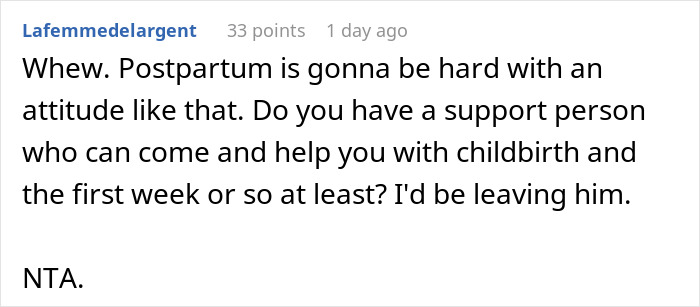 Comment discussing difficulties faced by a heavily pregnant woman stuck in a bathtub and her partner’s unsupportive behavior. Comment discussing difficulties faced by a heavily pregnant woman stuck in a bathtub and her partner’s unsupportive behavior.