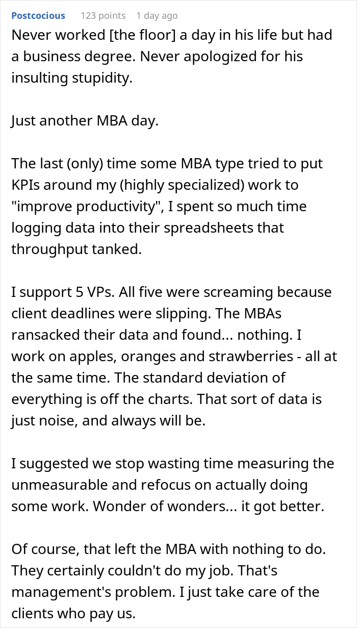 Text excerpt showing a manager struggling with productivity KPIs while a woman handles specialized work and school the manager. Text excerpt showing a manager struggling with productivity KPIs while a woman handles specialized work and school the manager.
