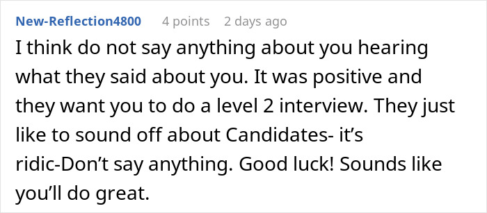Comment text on a screen about a woman receiving an email inviting her to a second interview. Comment text on a screen about a woman receiving an email inviting her to a second interview.