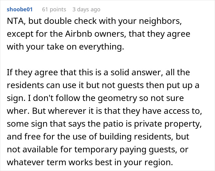 Comment discussing neighbor refusing tourists patio access and Airbnb host calling it discrimination in a residential setting. Comment discussing neighbor refusing tourists patio access and Airbnb host calling it discrimination in a residential setting.