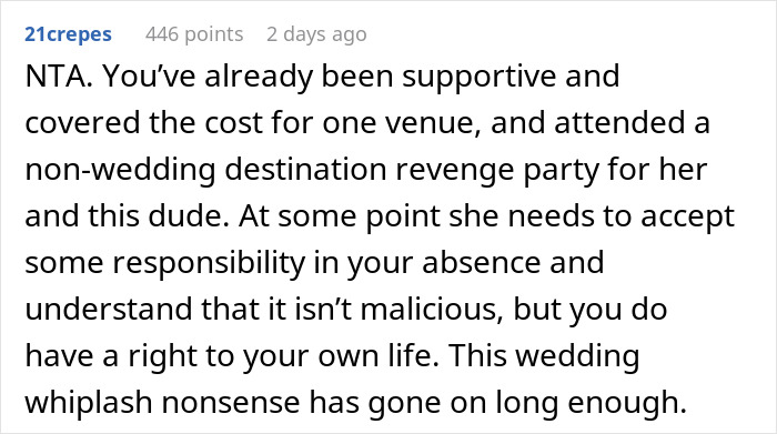 Screenshot of an online comment discussing a man covering wedding costs and skipping the real wedding to hang out with friends. Screenshot of an online comment discussing a man covering wedding costs and skipping the real wedding to hang out with friends.