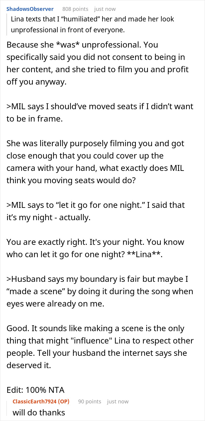 Reddit user explains incident where self-proclaimed influencer films SIL at birthday dinner and reacts when blocked. Reddit user explains incident where self-proclaimed influencer films SIL at birthday dinner and reacts when blocked.