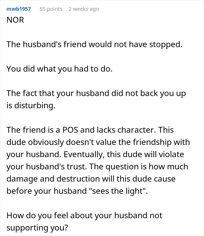 Comment discussing a friend’s compliment causing tension as wife insists on hotel while husband disagrees and lacks support. Comment discussing a friend’s compliment causing tension as wife insists on hotel while husband disagrees and lacks support.