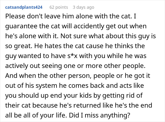 Comment discussing a guy fussing over his girlfriend being given a cat by another man, causing relationship issues. Comment discussing a guy fussing over his girlfriend being given a cat by another man, causing relationship issues.