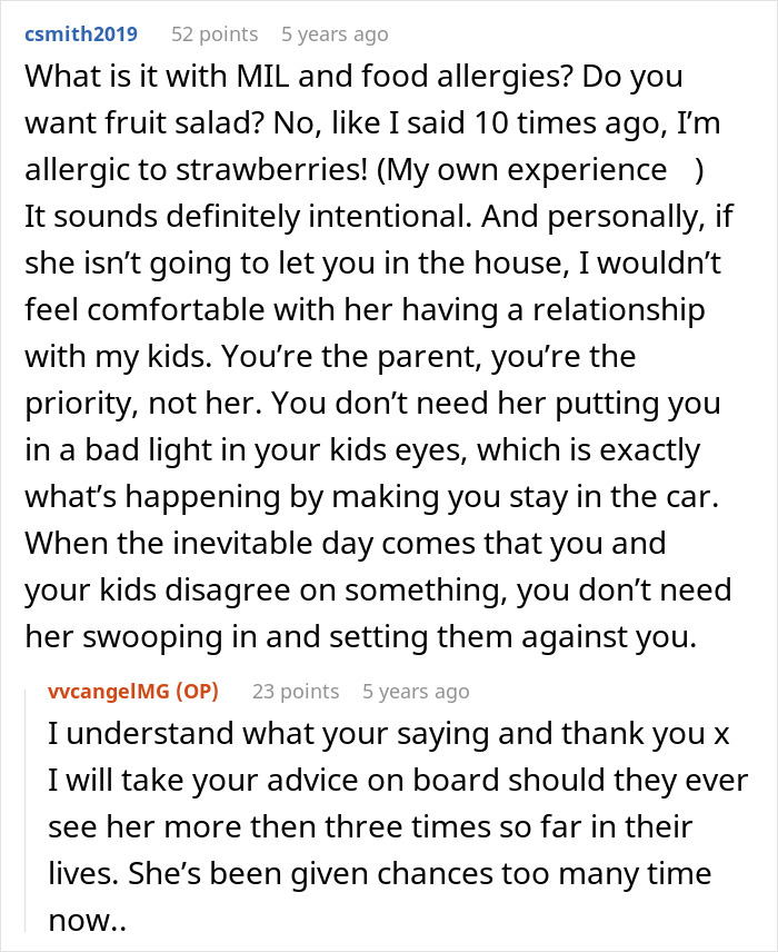 Comment discussion about a MIL-try-poison-woman scenario involving food allergies and family relationship concerns.
