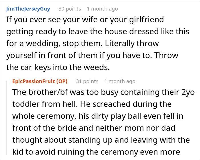 Comments discussing groom's brother's girlfriend wearing sage green dress to wedding and reactions to it being white wedding dress. Comments discussing groom's brother's girlfriend wearing sage green dress to wedding and reactions to it being white wedding dress.