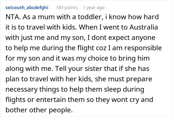 Comment about mom taking kids on a long flight, sharing advice on managing kids during travel and handling lack of help. Comment about mom taking kids on a long flight, sharing advice on managing kids during travel and handling lack of help.