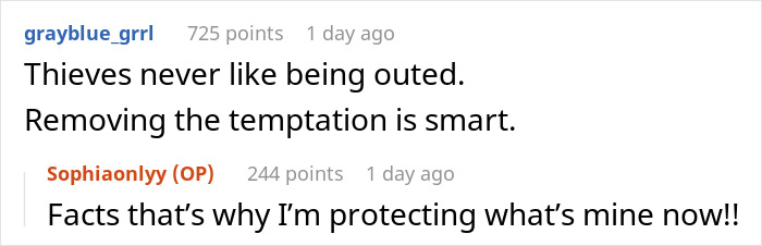 Screenshot of a Reddit conversation about leftover pasta theft leading a woman to buy a mini fridge for protection.