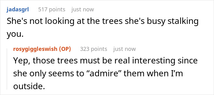 Screenshot of a humorous online exchange about a homeowner laughing at entitled neighbor over fence and view dispute.