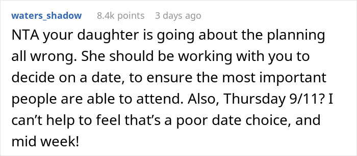 Comment discussing daughter's wedding planning issues and concerns about the chosen date being a poor midweek choice. Comment discussing daughter's wedding planning issues and concerns about the chosen date being a poor midweek choice.